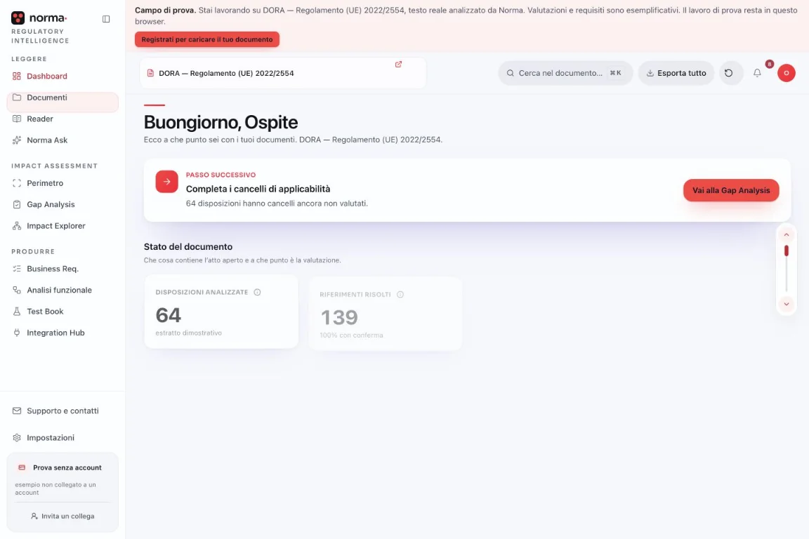 Dashboard della prova DORA: documento aperto e lavoro d’esempio.