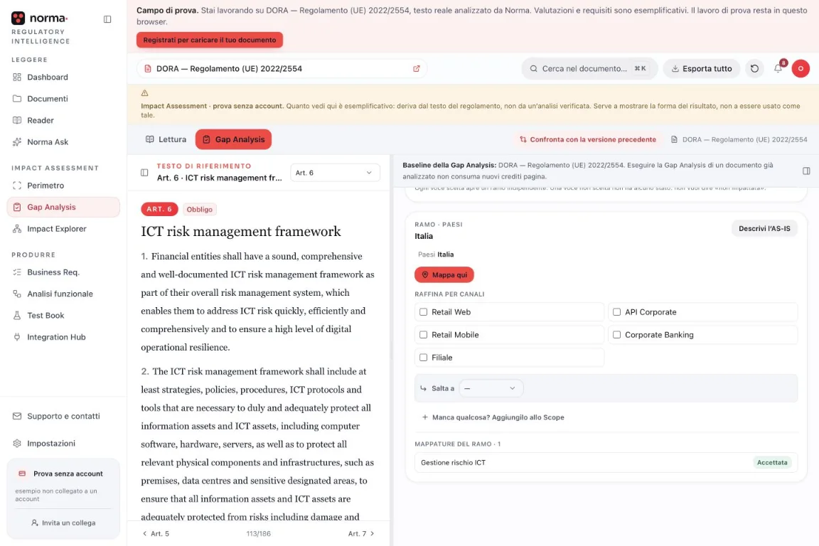 Gap Analysis della prova DORA: testo ufficiale e mappature da rivedere.
