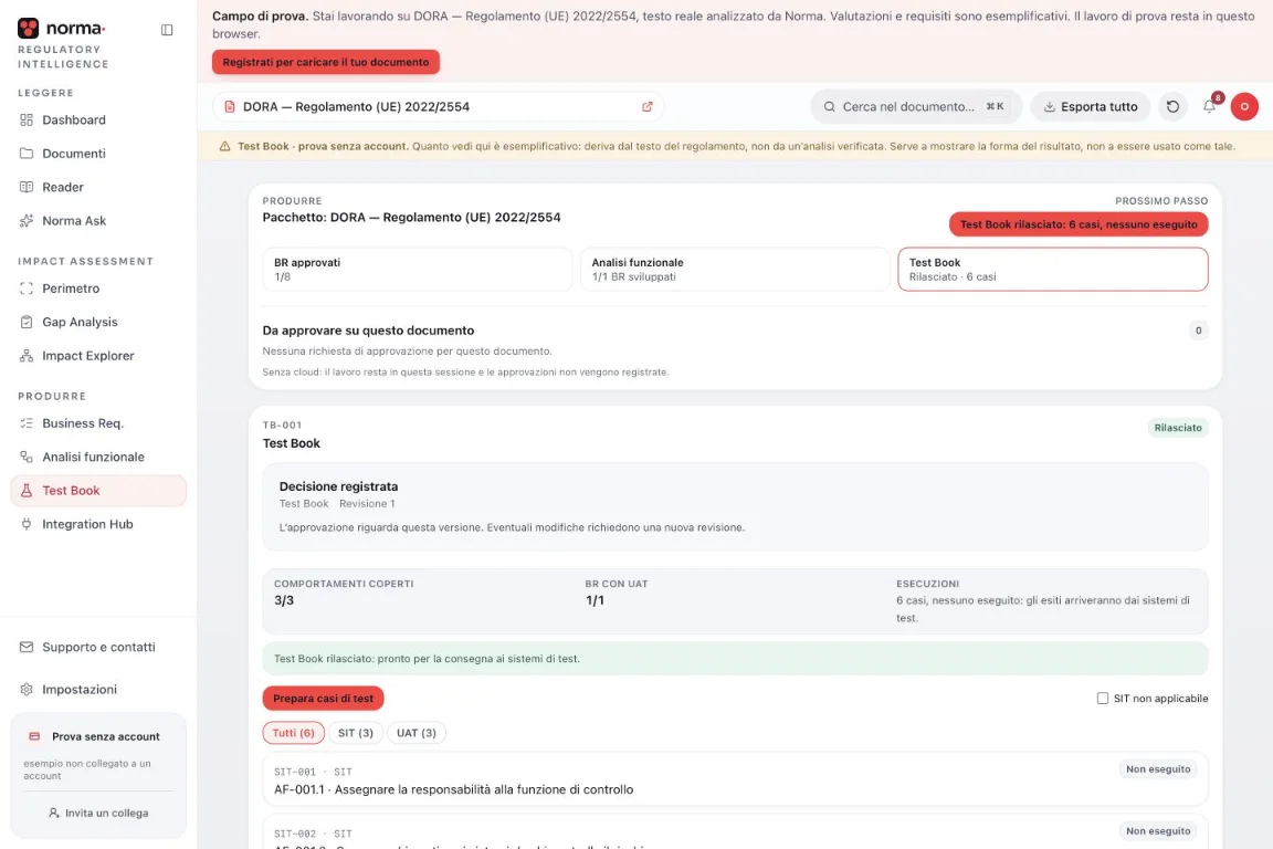 Test Book della prova: rilasciato, 6 casi SIT e UAT, 3 comportamenti su 3 coperti